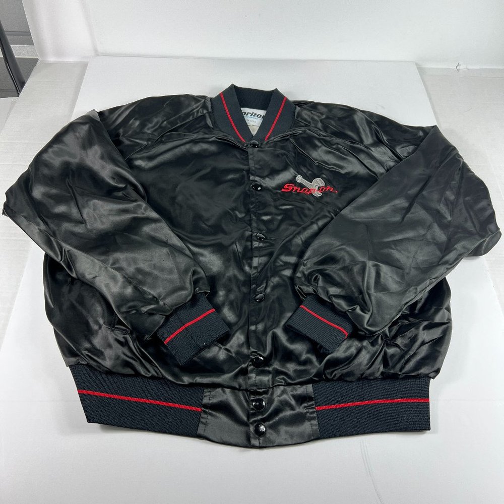 VTG 90s Snap-On Satin Jacket Extra Large Black Embroidered Snap Button USA Made